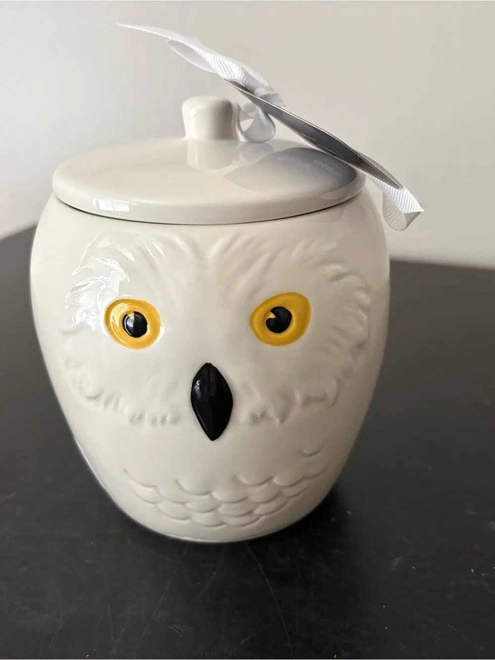 Rae Dunn Ceramic Owl Jar in White with Yellow Eyes and Black Beak